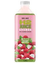  H2 Juice Lychee Juice 1.25l  1.25L A refreshingly sweet juice squeezed from the succulent and aromatic fruit of the lychee tree, containing your daily Vitamin C needs H2jUICE is the only 100 percent natural long-life juice range made without concentrate. H2jUICE is sustainably sourced and bottled in Vietnam, a tropical paradise renowned for its fresh, deliciously exotic, high quality fruit. H2jUICE is 100 percent natural, straight from the fruit, that means no additives, not from concentrate and no added sugar.