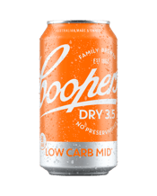 Coopers Dry 3.5% Cans 375ml 375ML Coopers Dry 3.5 delivers on the promise of refreshment in a low carb mid-strength beer. The beer is fine filtered a clean, crisp taste with thirst quenching drinkability all while being low in carbs and calories. The refreshing citrus palate combined with subtle floral aromas allows this beer to be a versitile option to suit many occasions. Only 1 standard drink, 3g carbs and 90 calories per can.