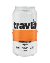 Travla Mid Strength Lager<br>Cans 375ml 375ML Travla Mid Strength Lager 3.5% Ultra Low Carb 89 Cals Australian Owned. Ultra-low carb Australian lager. A classic Aussie all rounder proudly brewed using only local ingredients. The perfect easy drinking beer to get your eye in, and given the chance, won’t let you down after a few more. Clean, crisp and only 89 calories. TASTING NOTES Brewed with Australian pale malt, signature lager yeast and a blend of Cluster and Melba hops, this Australian lager pours golden honey in colour with a light bod