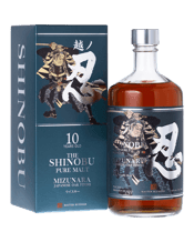  The Shinobu Pure Malt 10<br>Year Old Japanese... 700mL Fresh wood barrel dominates the spirit with a touch of vanilla and flowers that bring to breath of nectar, maltose, tones of fruits citrus, mizunara oak & coffee beans; medium wood integration, then finish with a sweet aftertaste of maltose. Summary: very smooth, rounded full pallet and easy to drink. Colour: mahogany. Nose: fresh wood barrel dominates the spirit with a touch of vanilla and flowers and slight honey suckle. Palate: maltose, a little bit tones of fruits citrus, mizunara oak, coffe