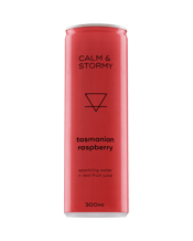  Calm & Stormy Tasmanian<br>Raspberry... 300mL 10% Australian Tasmanian Raspberry Juice + Sparkling water and nothing else LOCAL - Sourced from the pristine central highlands of Victoria RECYCLABLE - Aluminium cans are the most recycled packaging product in the world INFINITE RECYCLING - Can be recycled endlessly without compromising any of its quality RETAINS BUBBLES - Stays fresh and sparkling for longer A fruit rumoured to have been eaten since prehistoric times. Harvested from the fertile river flats of waters running through Tasmania’s
